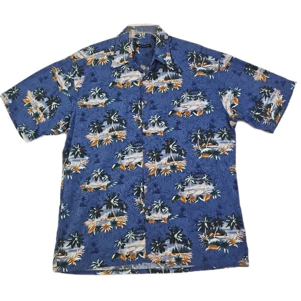 Pierre Cardin~Mens Size L~Blue Hawaiian Shirt Cotton Short Sleeve Vacation Print